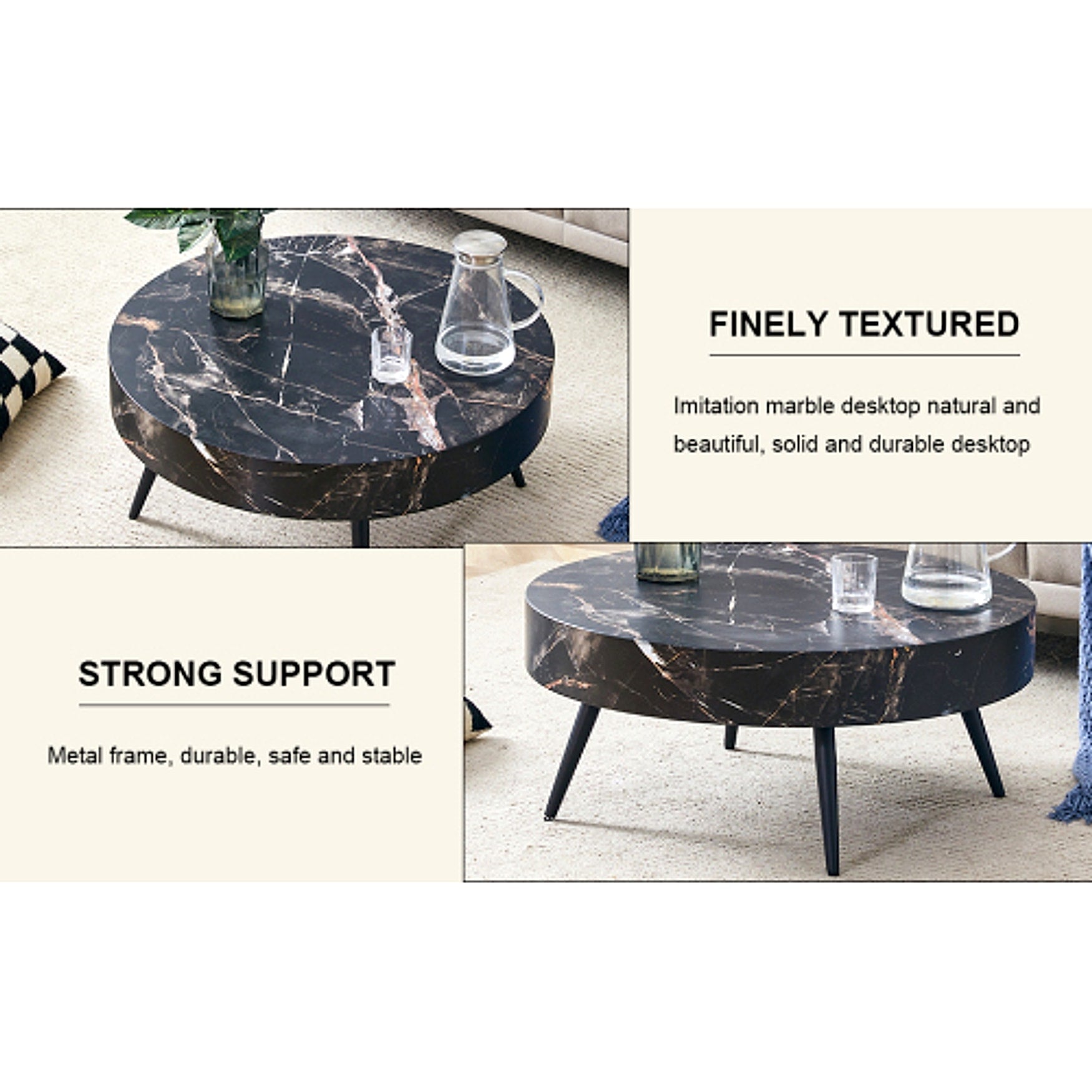 LuxeHome™ – 31.5" Black Marble Round Coffee Table with Adjustable Metal Legs (US Warehouse) - enhanced image 15