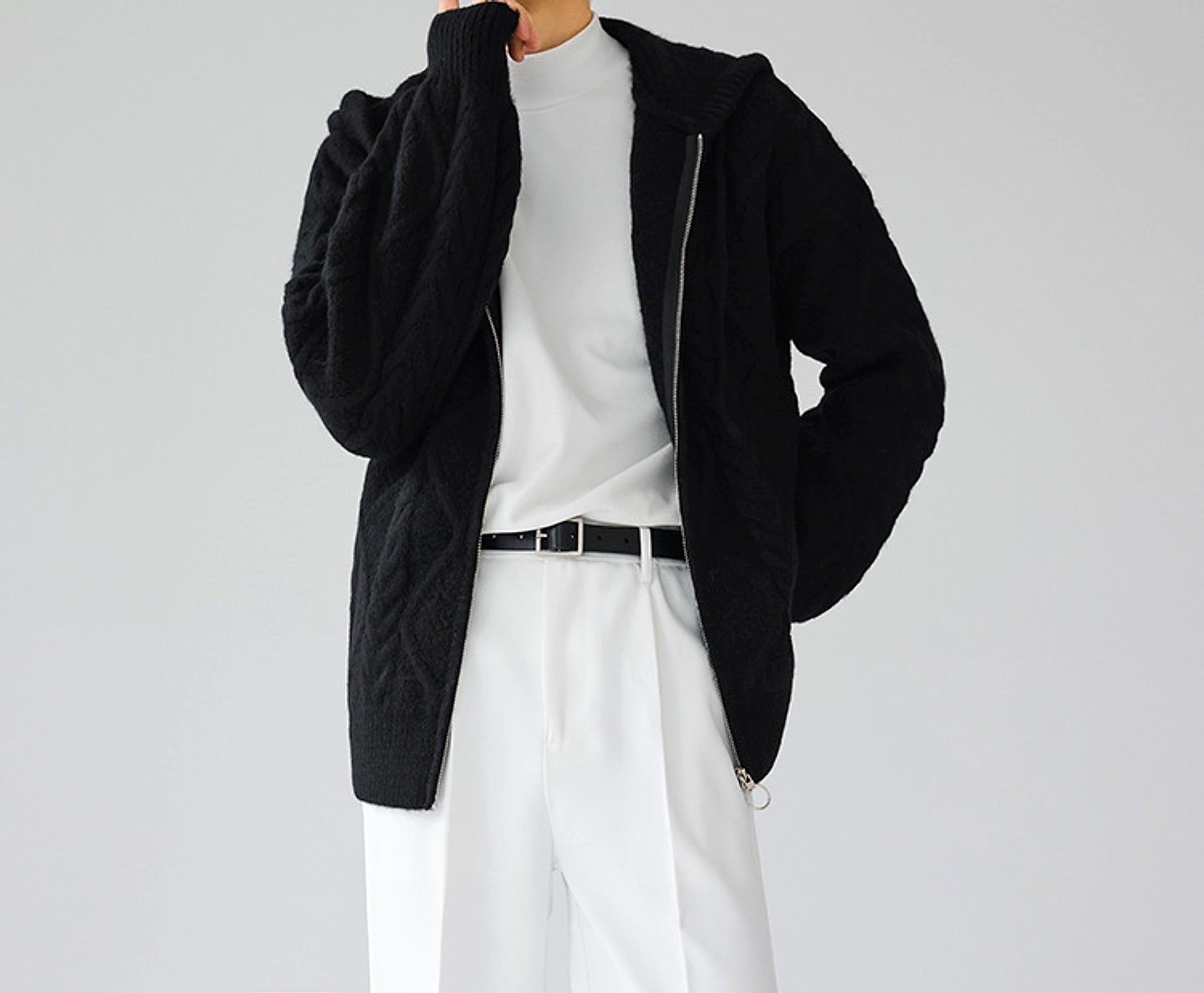 Men's Zipper Hooded Solid Color Loose Rhombus Plaid Coat - enhanced image 15