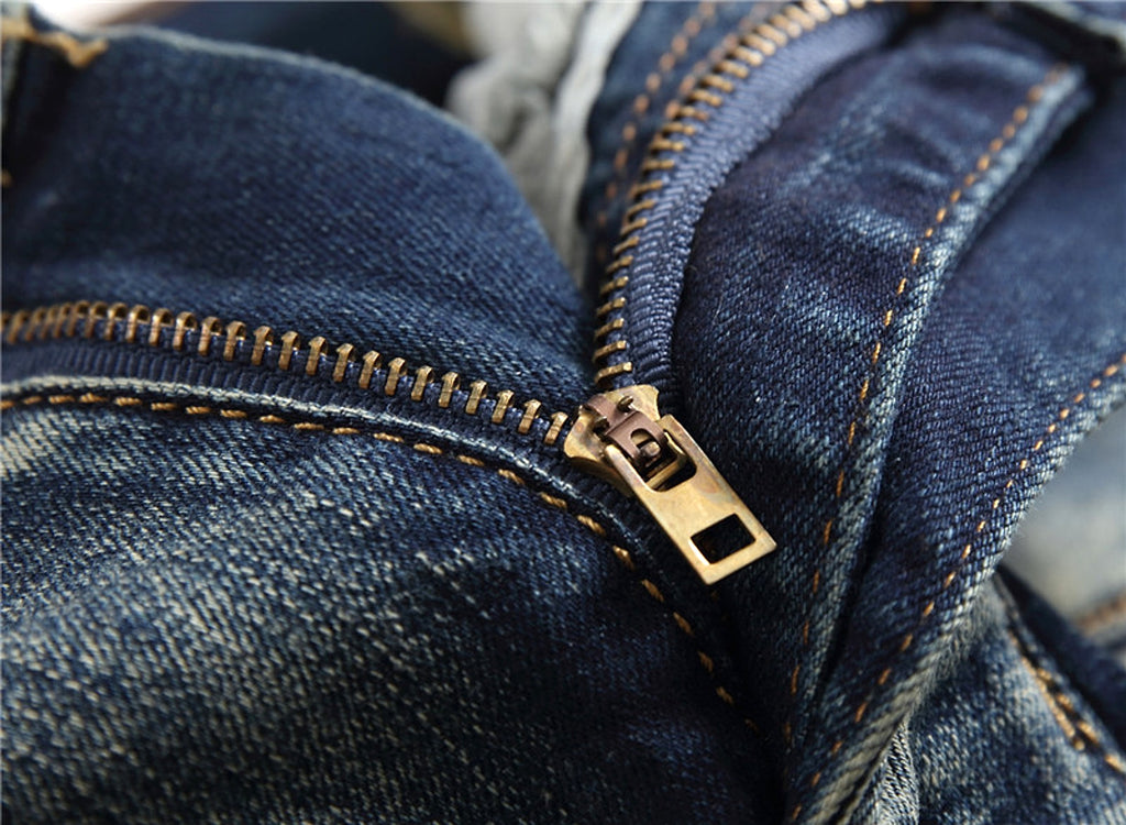 Retro Crumpled Hole Patch Elastic Straight Skinny Jeans - enhanced image 15