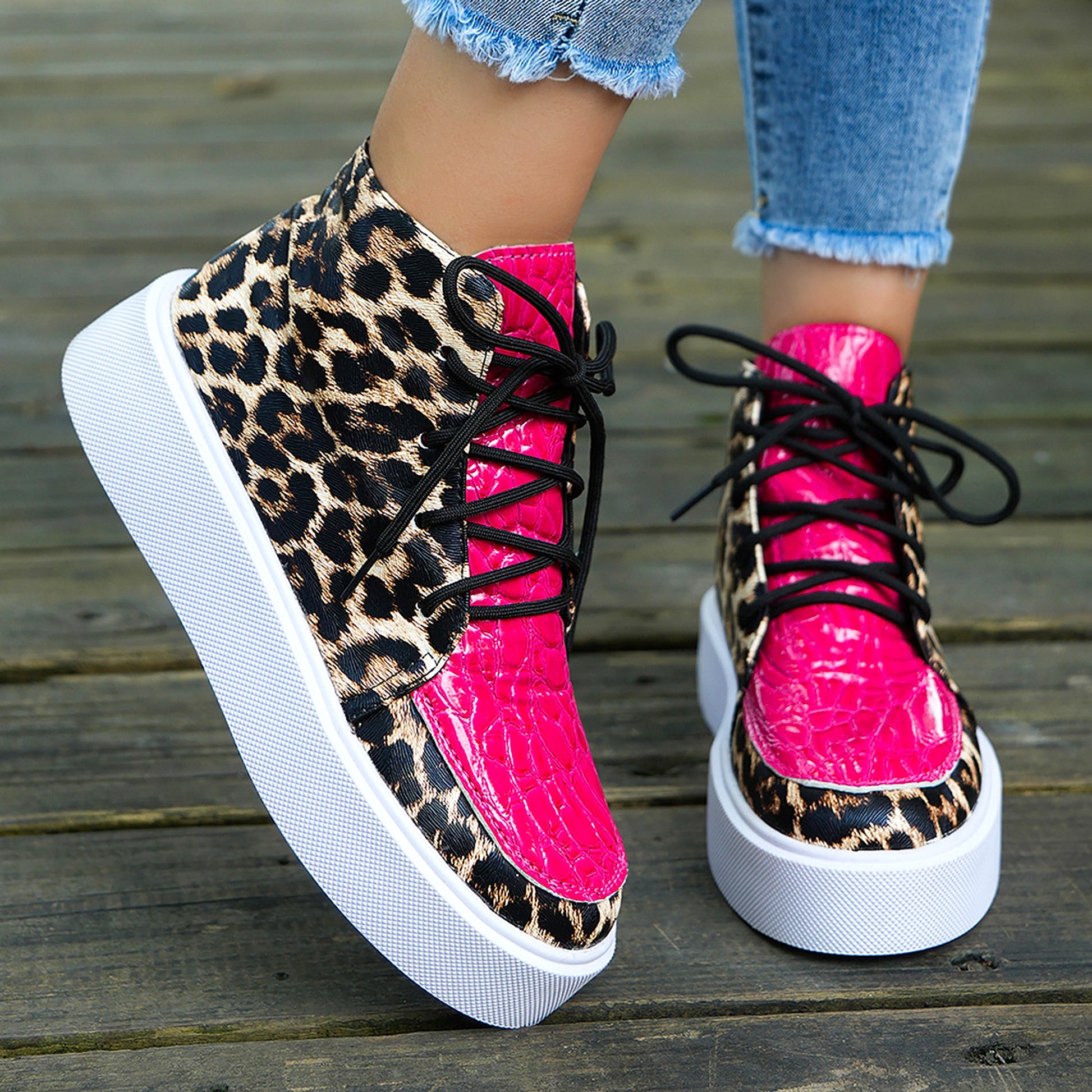 Autumn New High-top Leopard Print Flat-heeled Platform Lace Color Block Casual Women's Shoes - enhanced image 16