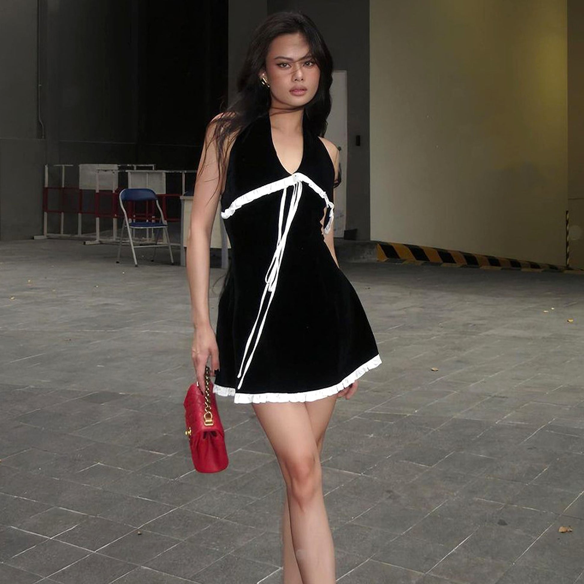 Flounce Trim Lace Up Backless Suede Slim-fit Halter Dress Women - enhanced image 16