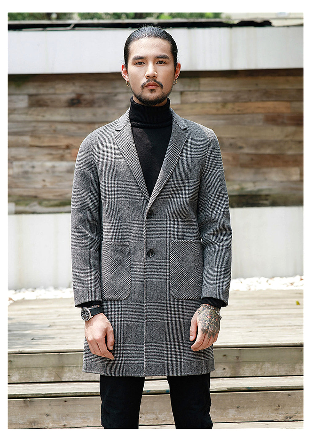 Houndstooth reversible men's plaid woolen trench coat - enhanced image 16