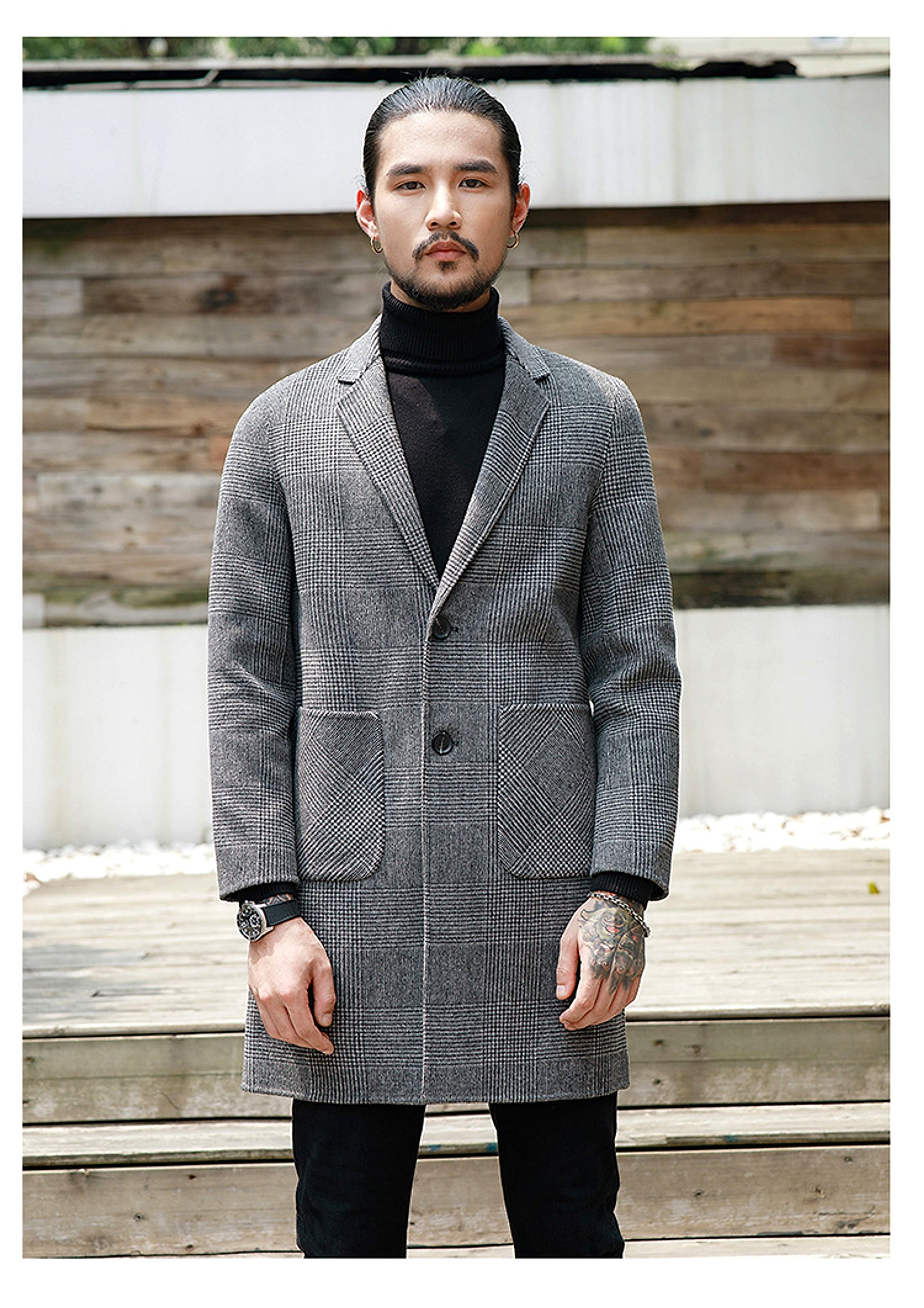 Houndstooth reversible men's plaid woolen trench coat - enhanced image 16