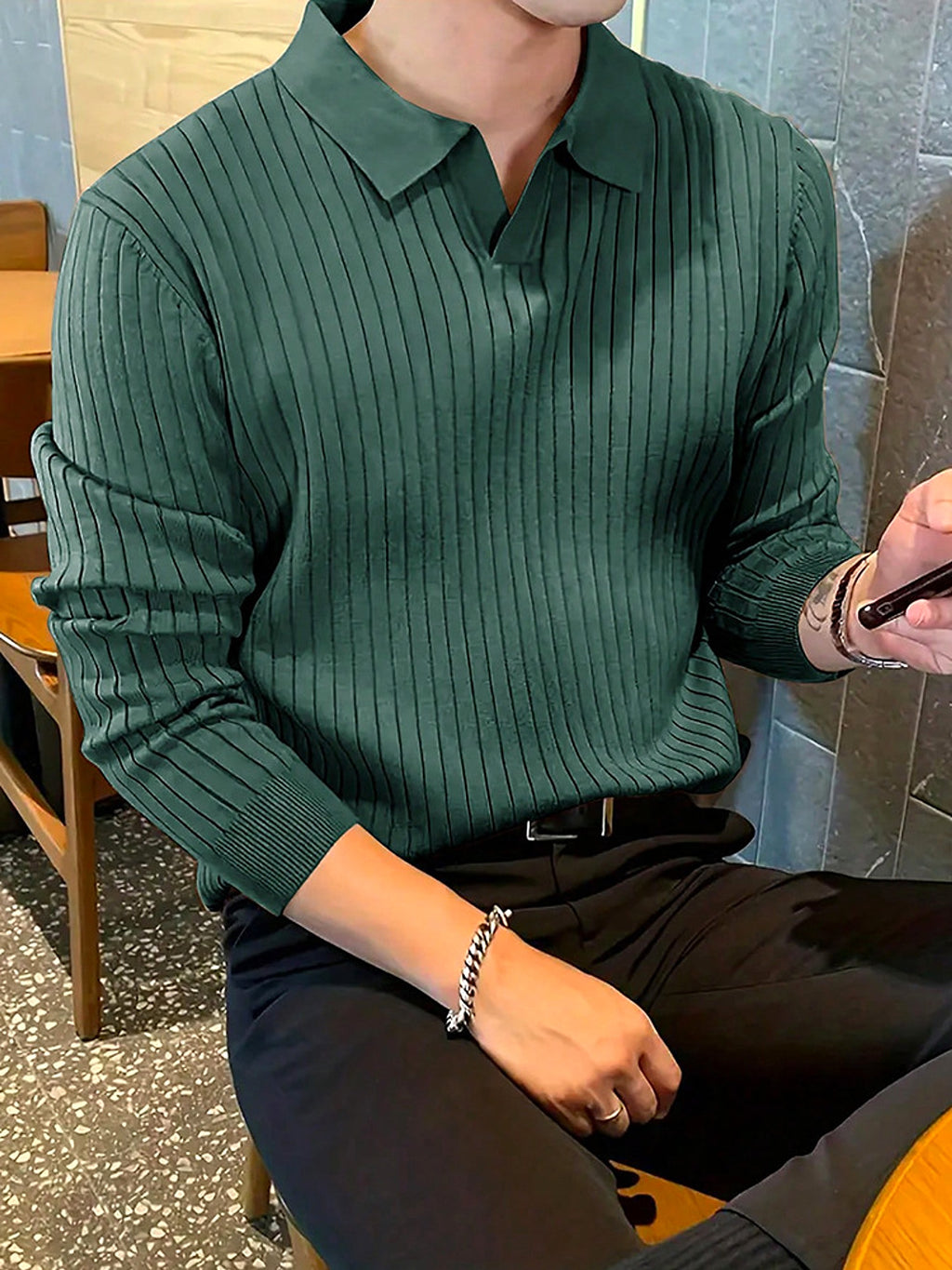 Lapel Texture Stretch Slim Knit Polo T-Shirt Men - enhanced image 16