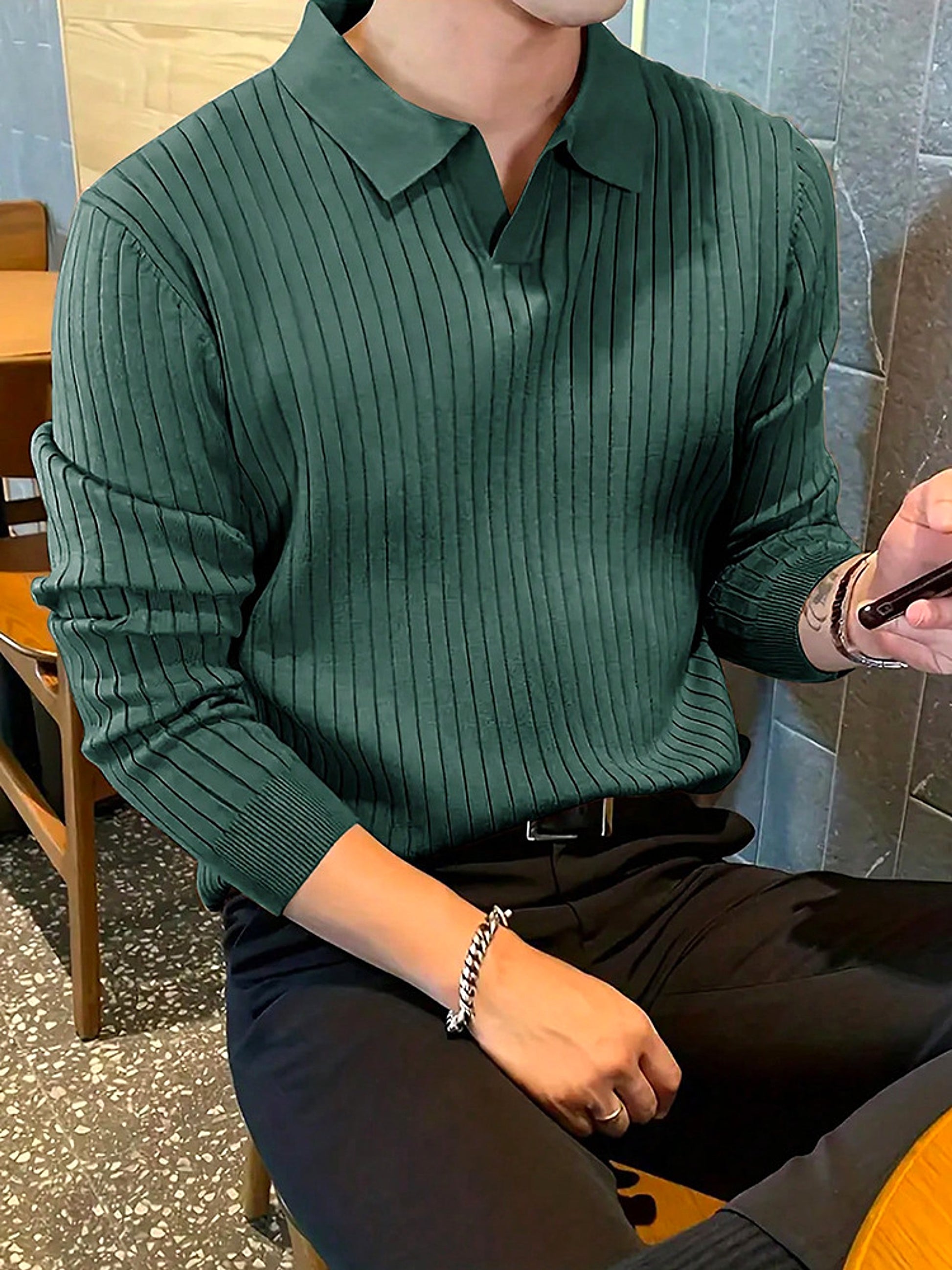 Lapel Texture Stretch Slim Knit Polo T-Shirt Men - enhanced image 16