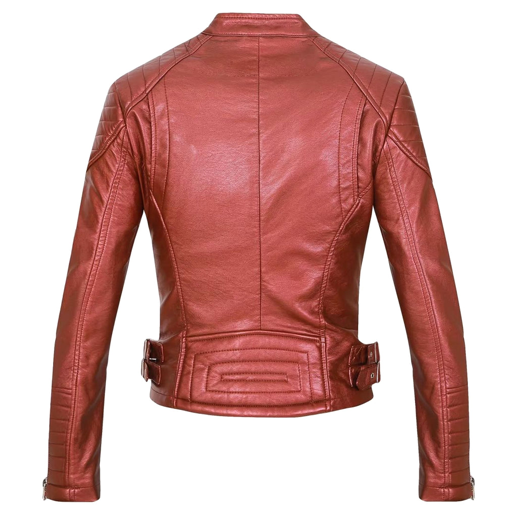 Standing Collar Motorcycle Pu Slim Leather Jacket Women Short - enhanced image 16