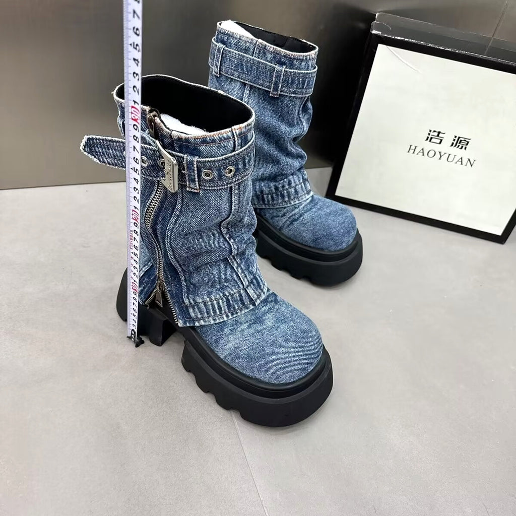 Boots Denim Fake Two Pieces Pile Style Boots Motorcycle Boots - enhanced image 17