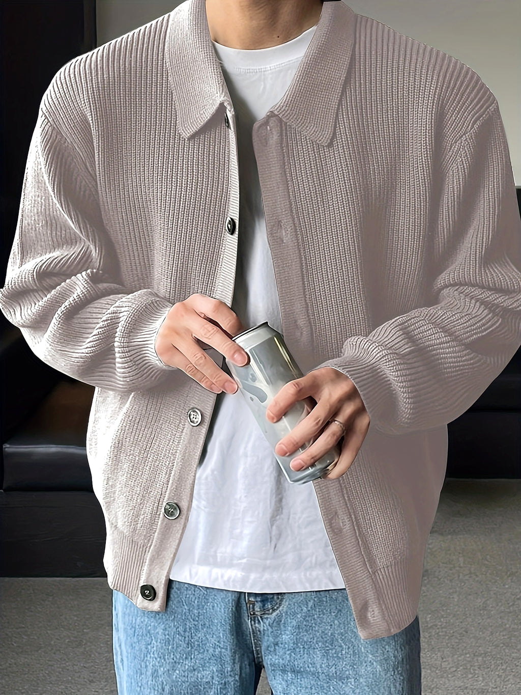 Fashion Solid Color Simple Men's Knitwear Cardigan Sweater Coat - enhanced image 17