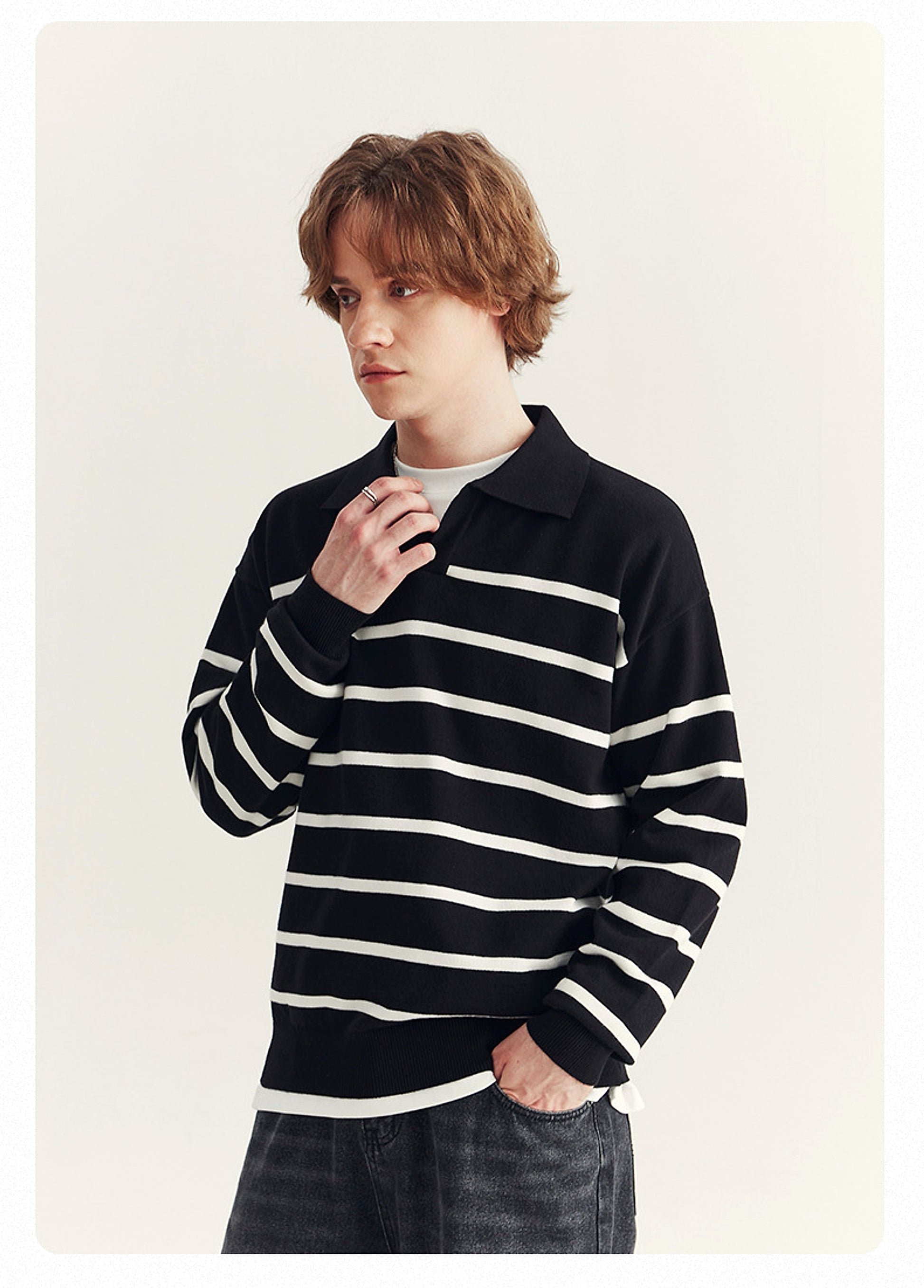 High-grade Loose Contrast Color Striped Sweater Long Sleeve Inner Wear Sweater For Men - enhanced image 17