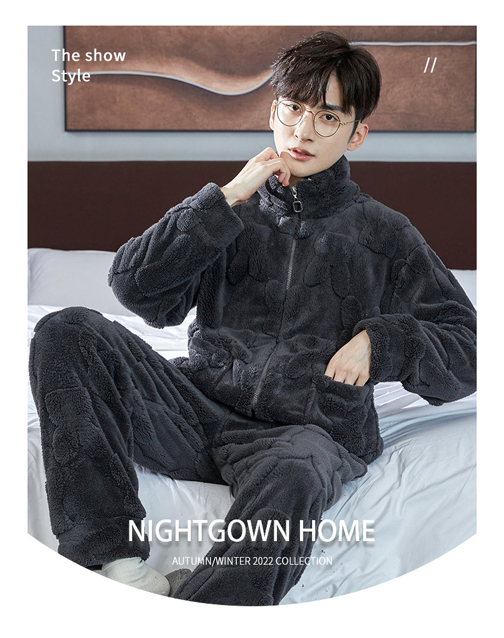 Pajamas Men's Jacquard Flannel Loose Fleece-lined Warm Loungewear - enhanced image 17