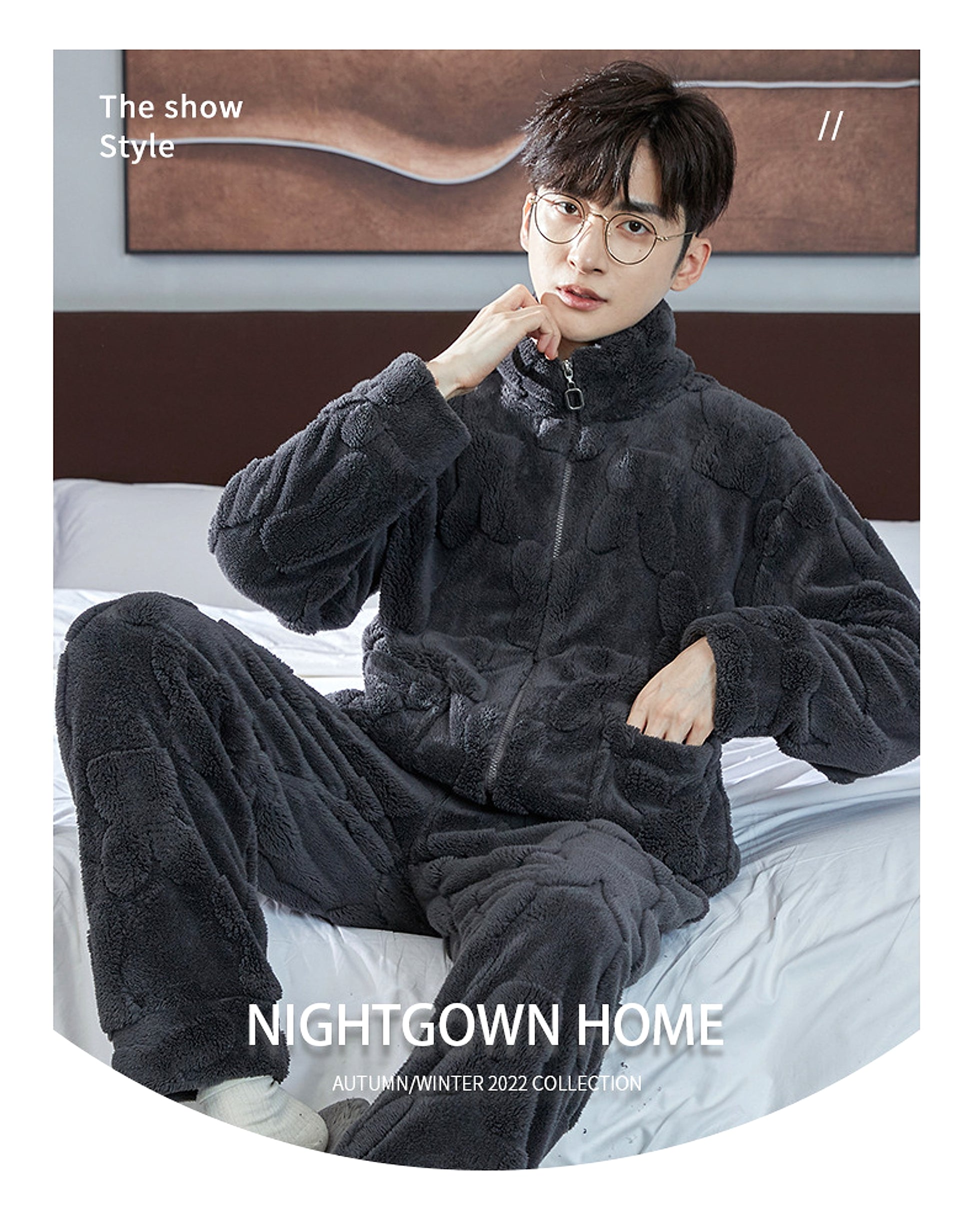 Pajamas Men's Jacquard Flannel Loose Fleece-lined Warm Loungewear - enhanced image 17