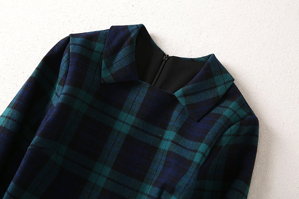 A1. Royal English Lapel Long Sleeve Plaid Waist Dress - enhanced image 17