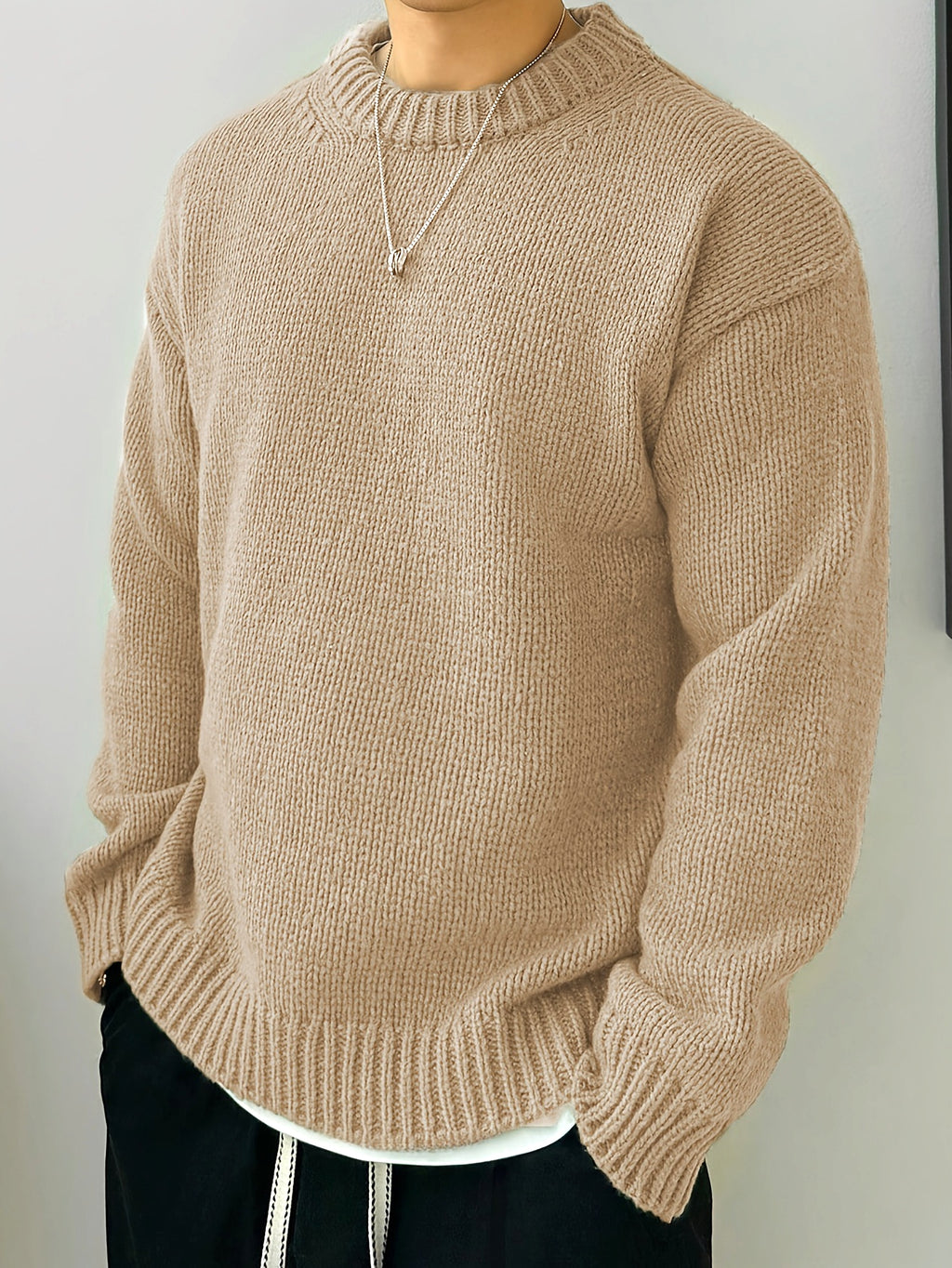 Solid Color Loose Knitted Pullover Leisure Japanese-style Retro Long Sleeve Round Neck Sweater Men - enhanced image 17