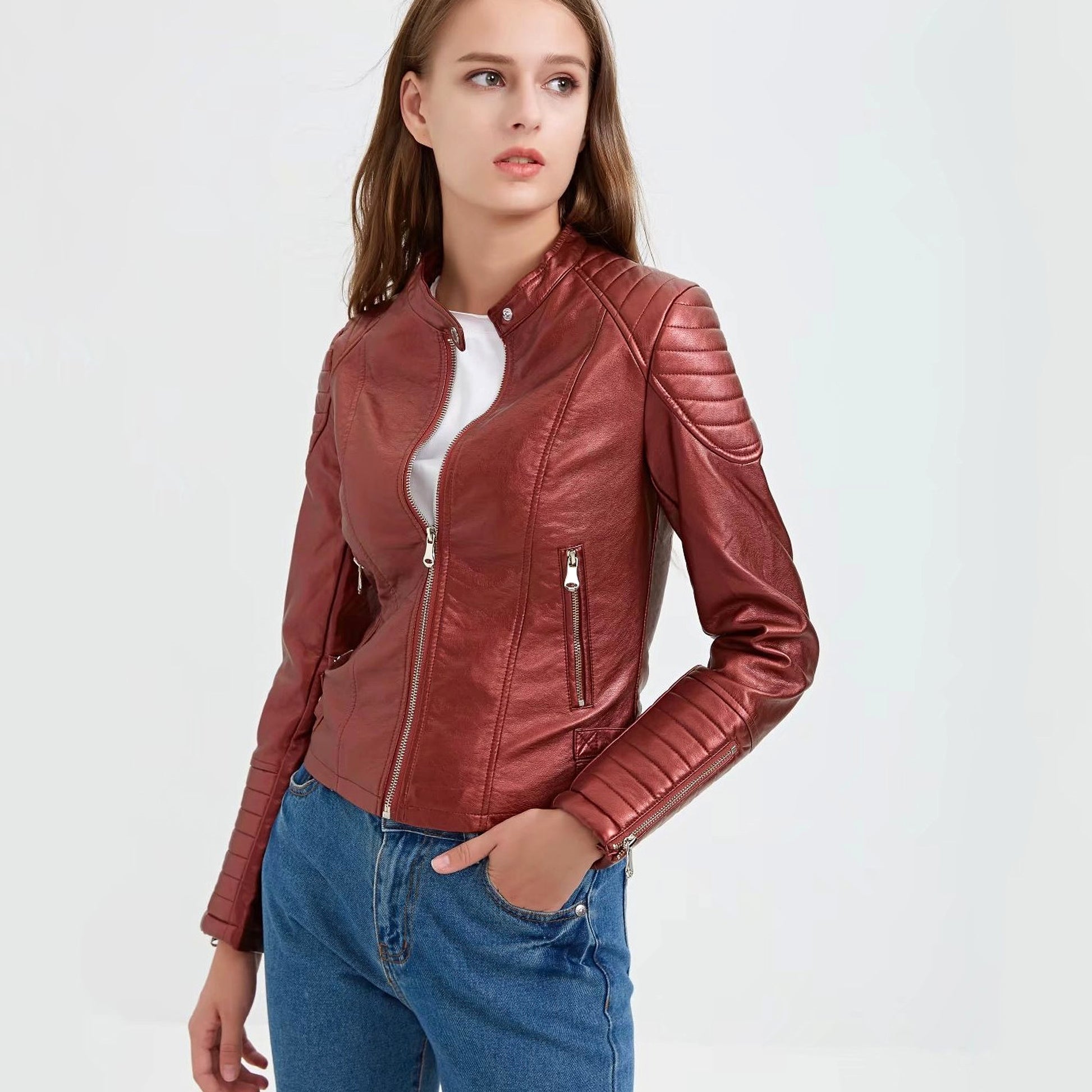 Standing Collar Motorcycle Pu Slim Leather Jacket Women Short - enhanced image 17