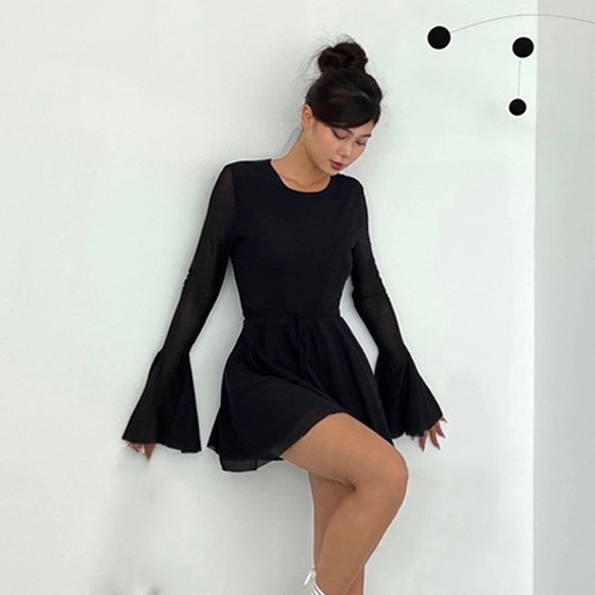 Temperament Crew Neck Horn Long Sleeve Mesh Dress Skinny Skirt - enhanced image 17