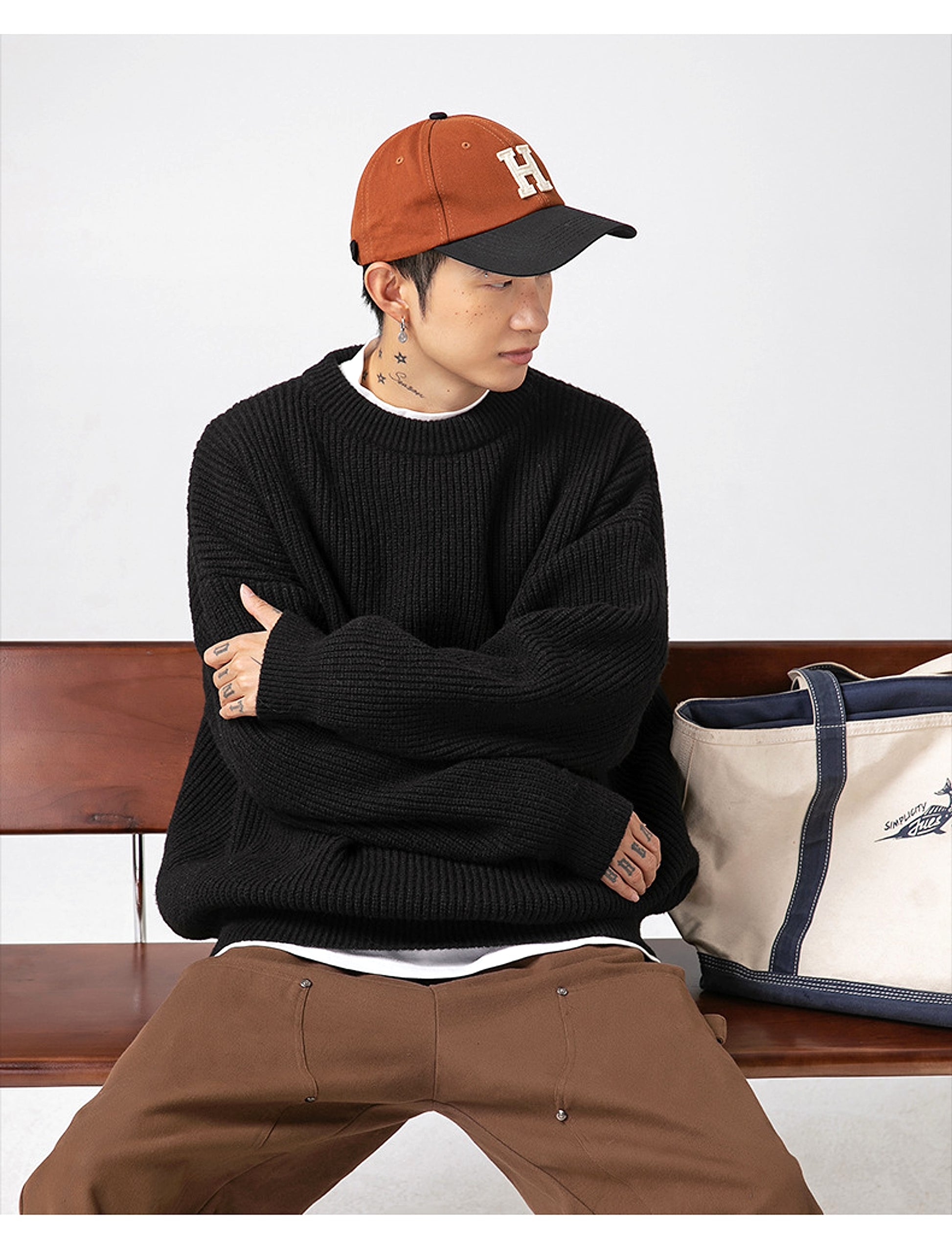 Thick Needle Sunken Stripe Texture Sweater Men's Autumn And Winter Solid Color Coat - enhanced image 17
