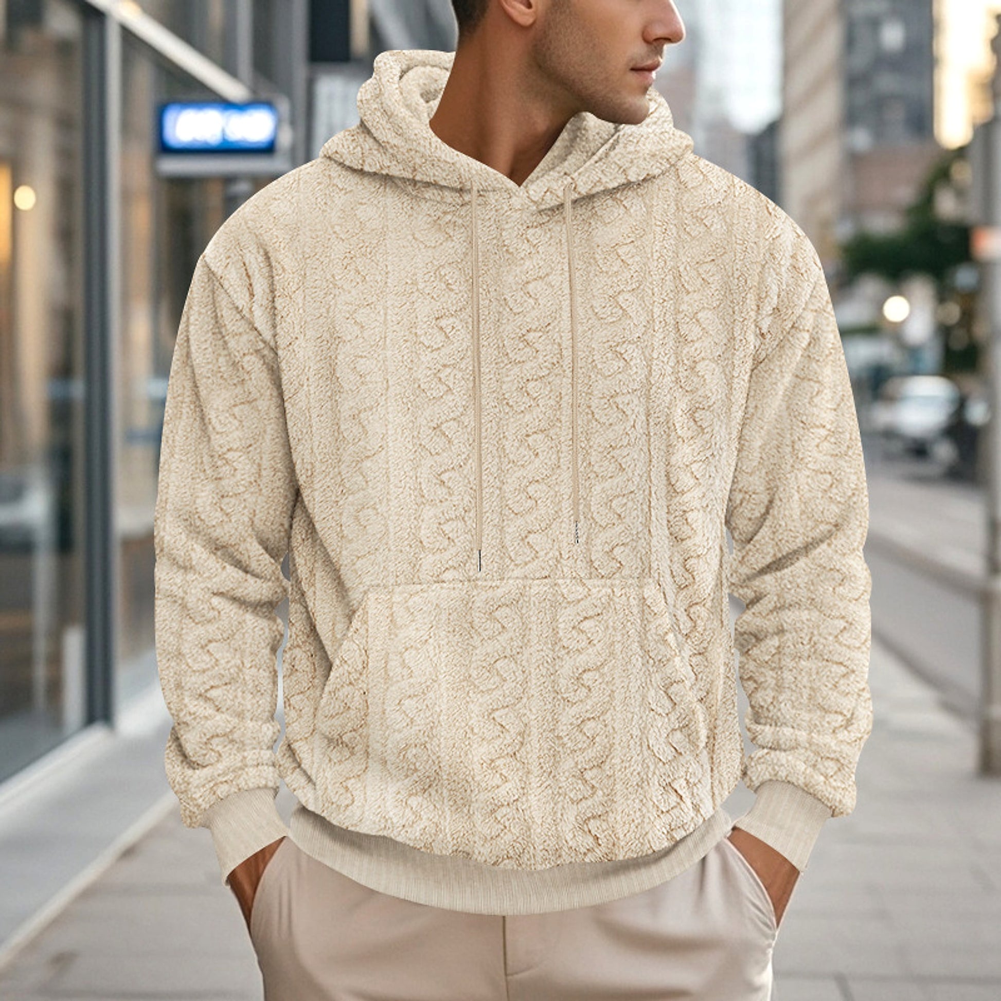 European And American Fall Winter Men Hooded Jacquard Teddy Plush Sports And Leisure Sweater - enhanced image 18