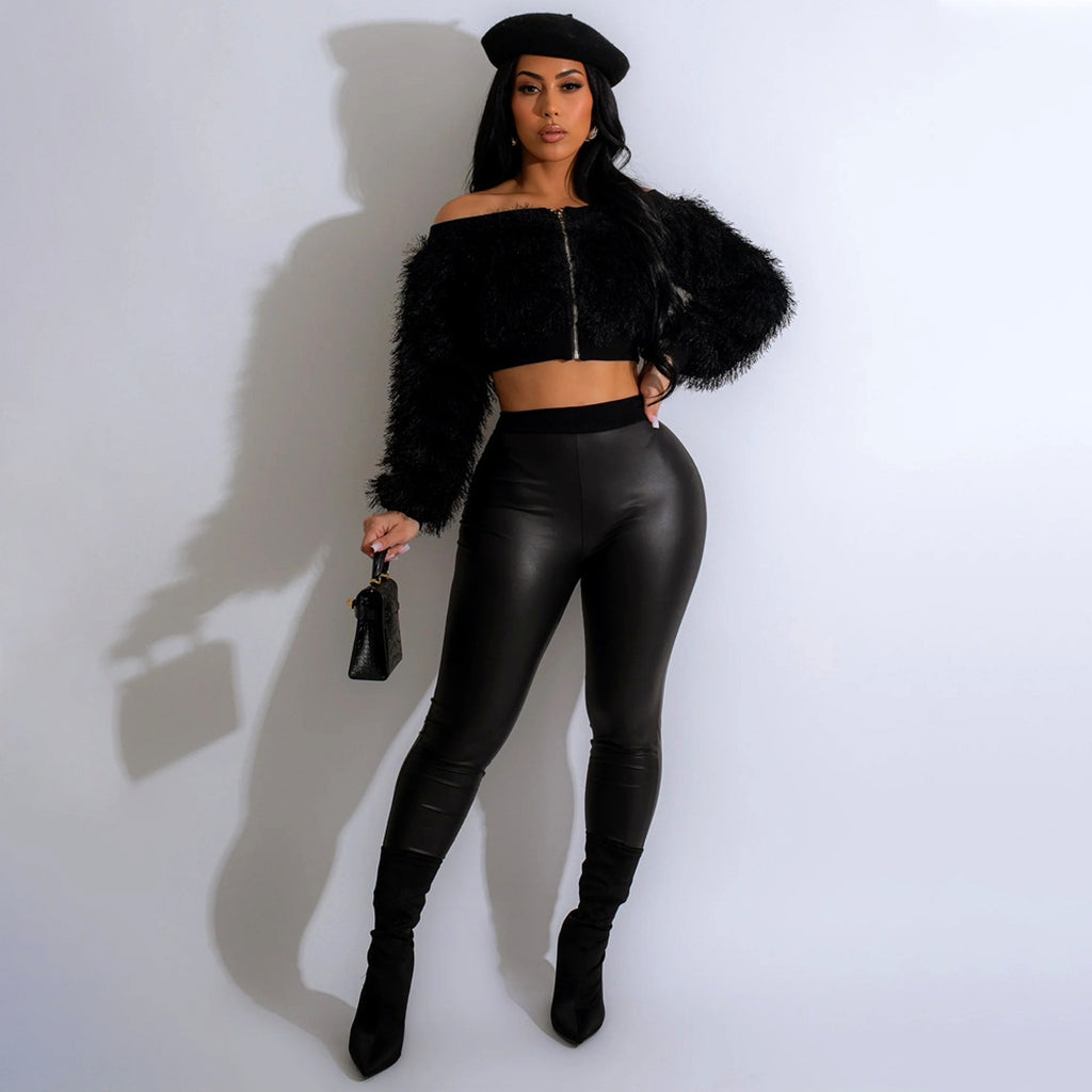Long Sleeve Furry Short Top With Slim Trousers Two-piece Set For Women - enhanced image 18