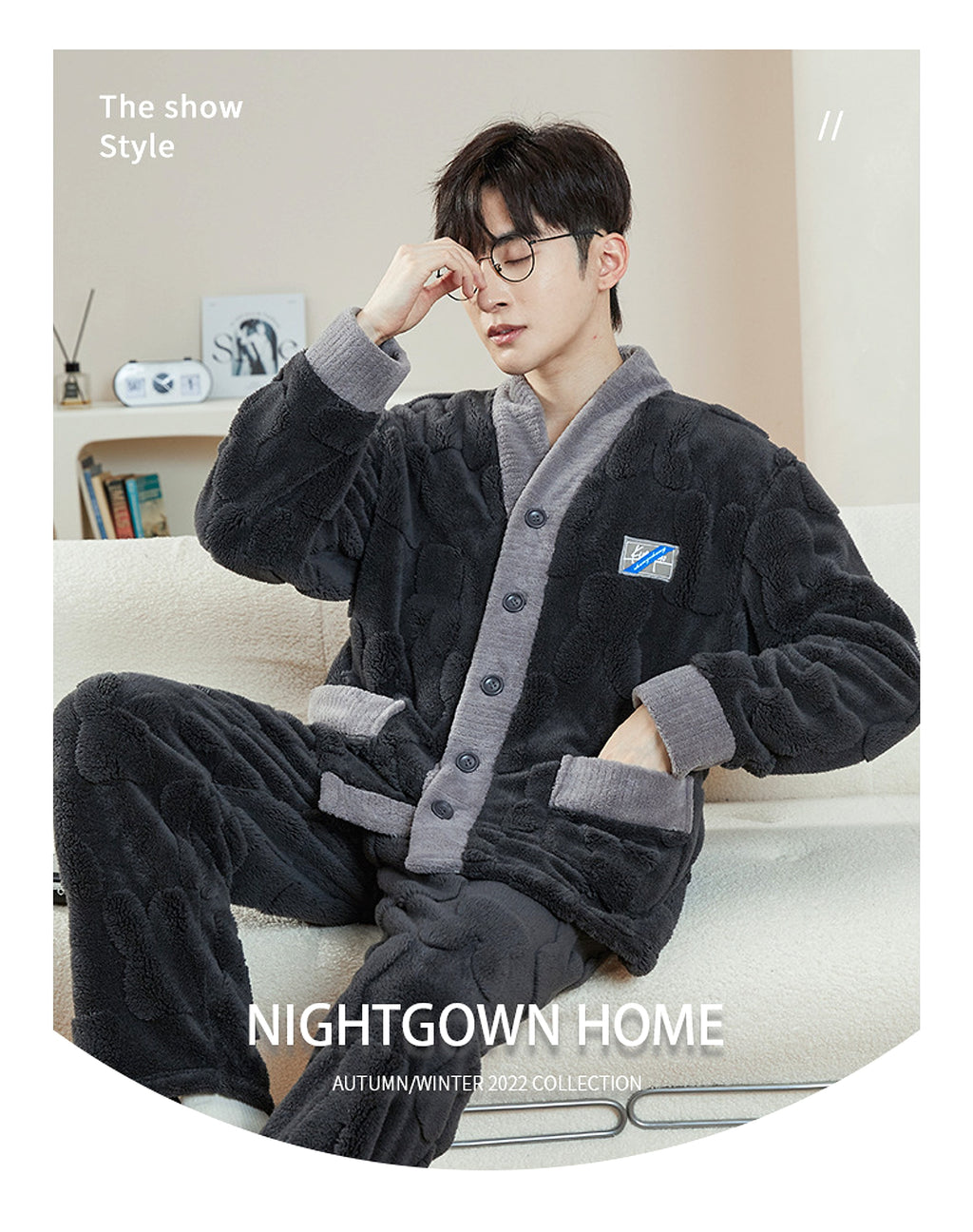 Pajamas Men's Jacquard Flannel Loose Fleece-lined Warm Loungewear - enhanced image 18