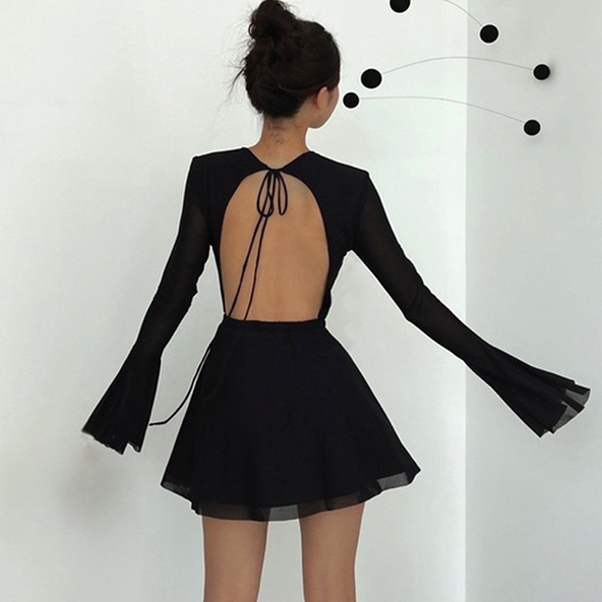 Temperament Crew Neck Horn Long Sleeve Mesh Dress Skinny Skirt - enhanced image 18