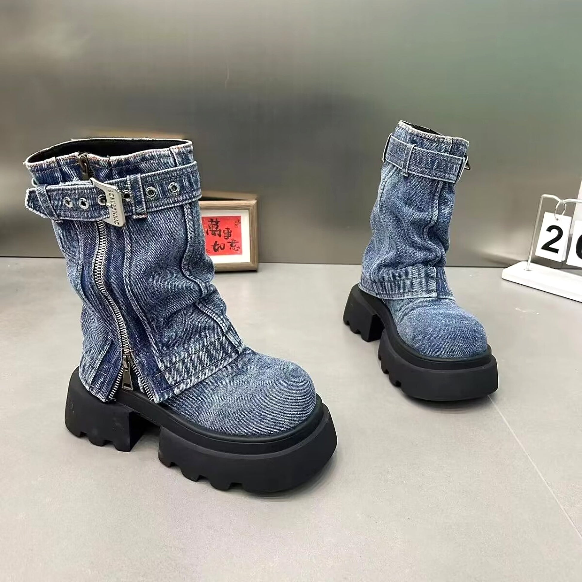 Boots Denim Fake Two Pieces Pile Style Boots Motorcycle Boots - enhanced image 19