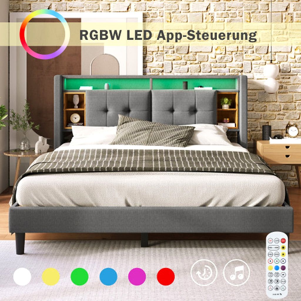 LuneluX_Home – Solid Wood Storage Bed with USB Charging Ports & LED Light (160×200 cm, Gray) - enhanced image 19