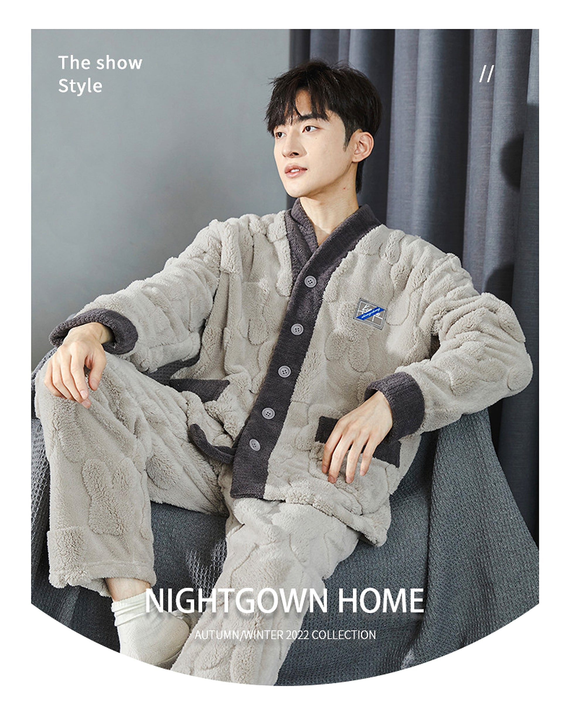 Pajamas Men's Jacquard Flannel Loose Fleece-lined Warm Loungewear - enhanced image 19