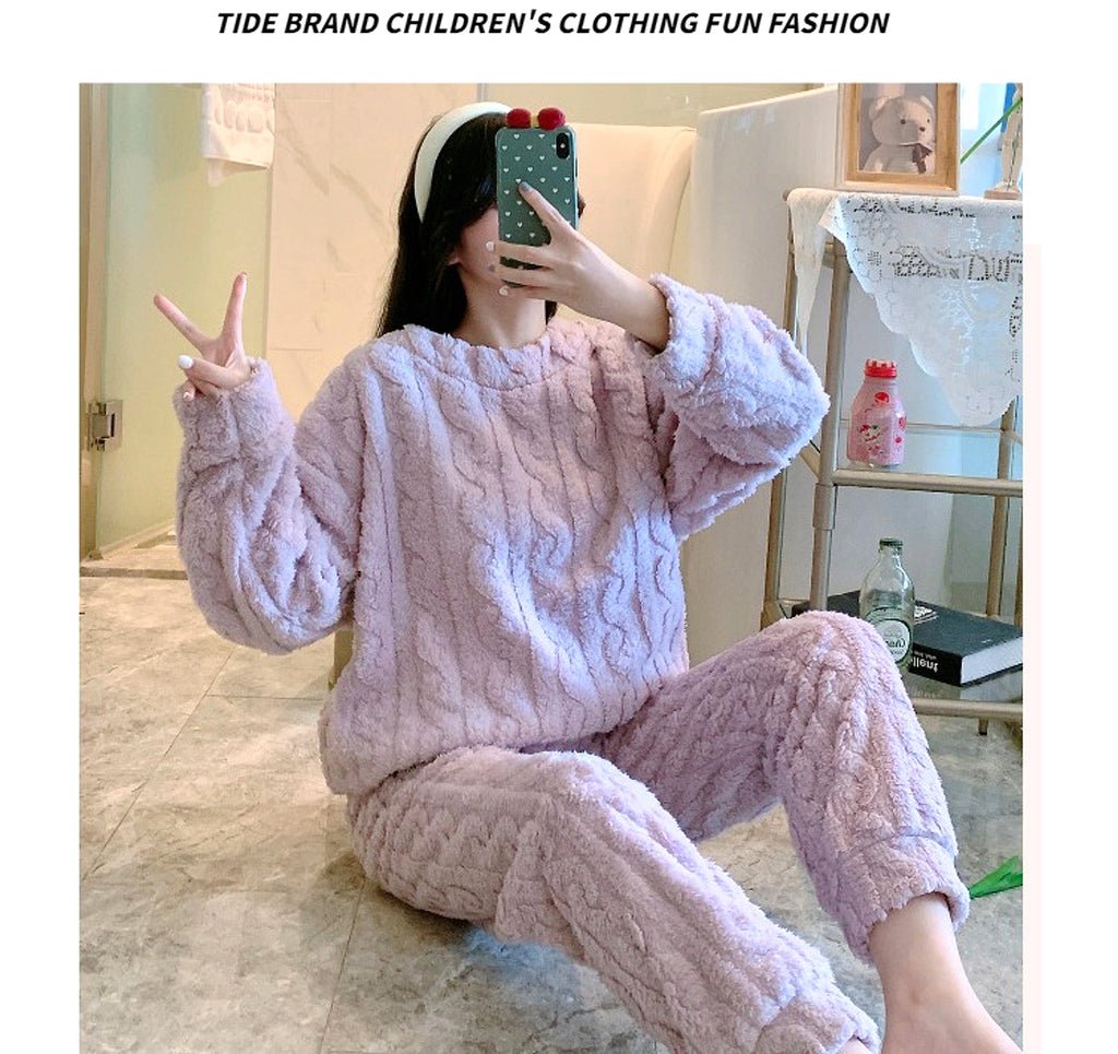 Thick Fleece Pajamas Women's Thermal Round-neck Flannel Homewear Suit - enhanced image 19