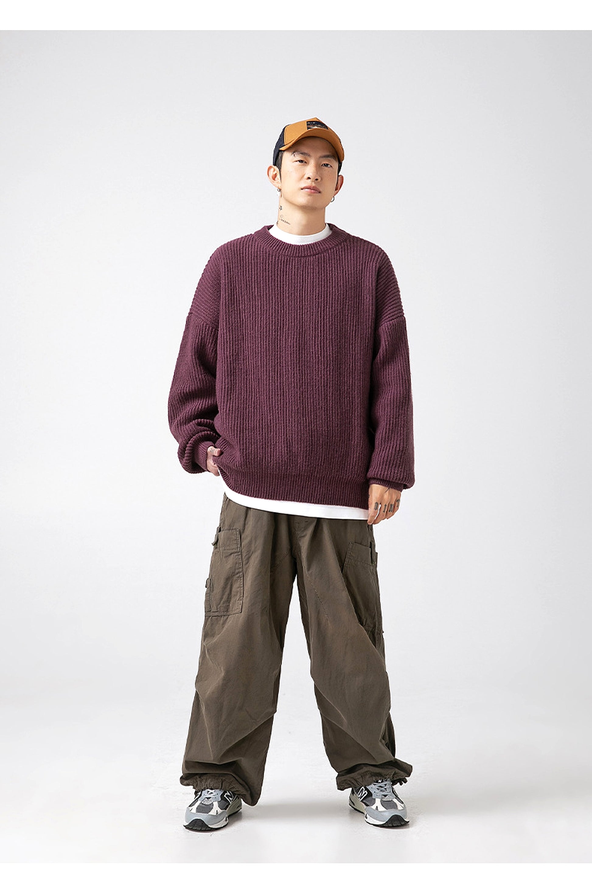 Thick Needle Sunken Stripe Texture Sweater Men's Autumn And Winter Solid Color Coat - enhanced image 19