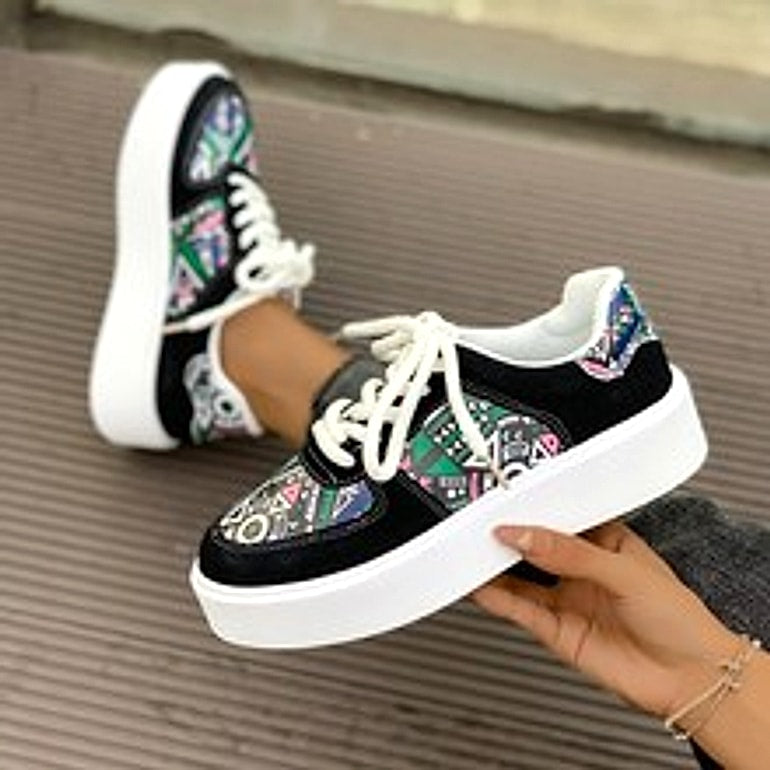 Autumn New High-top Leopard Print Flat-heeled Platform Lace Color Block Casual Women's Shoes - enhanced image 20