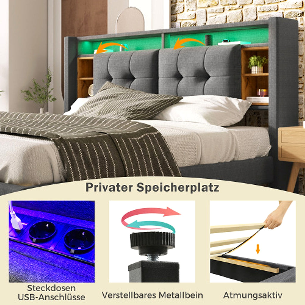 LuneluX_Home – Solid Wood Storage Bed with USB Charging Ports & LED Light (160×200 cm, Gray) - enhanced image 20